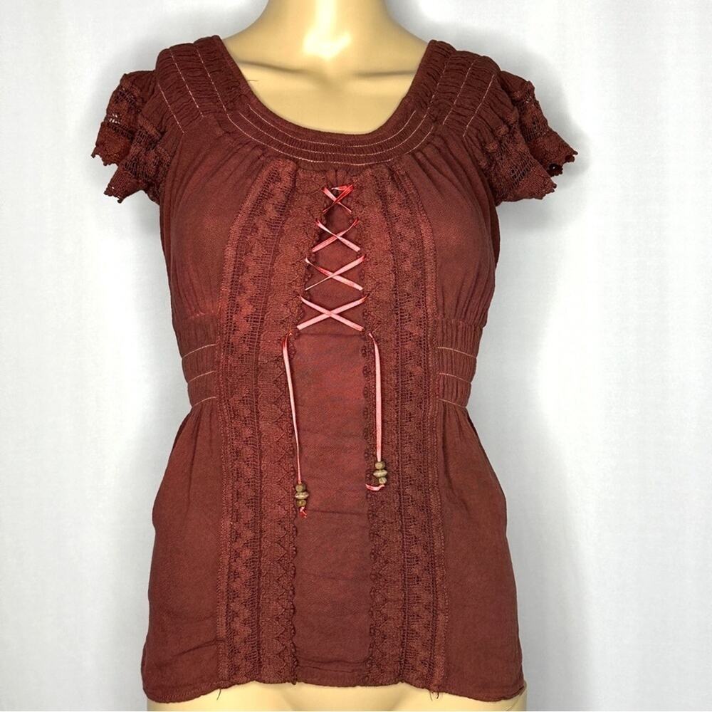 Spanish Bohemian Rust Top – Stretchy Smocked Peasant Blouse Brick Red